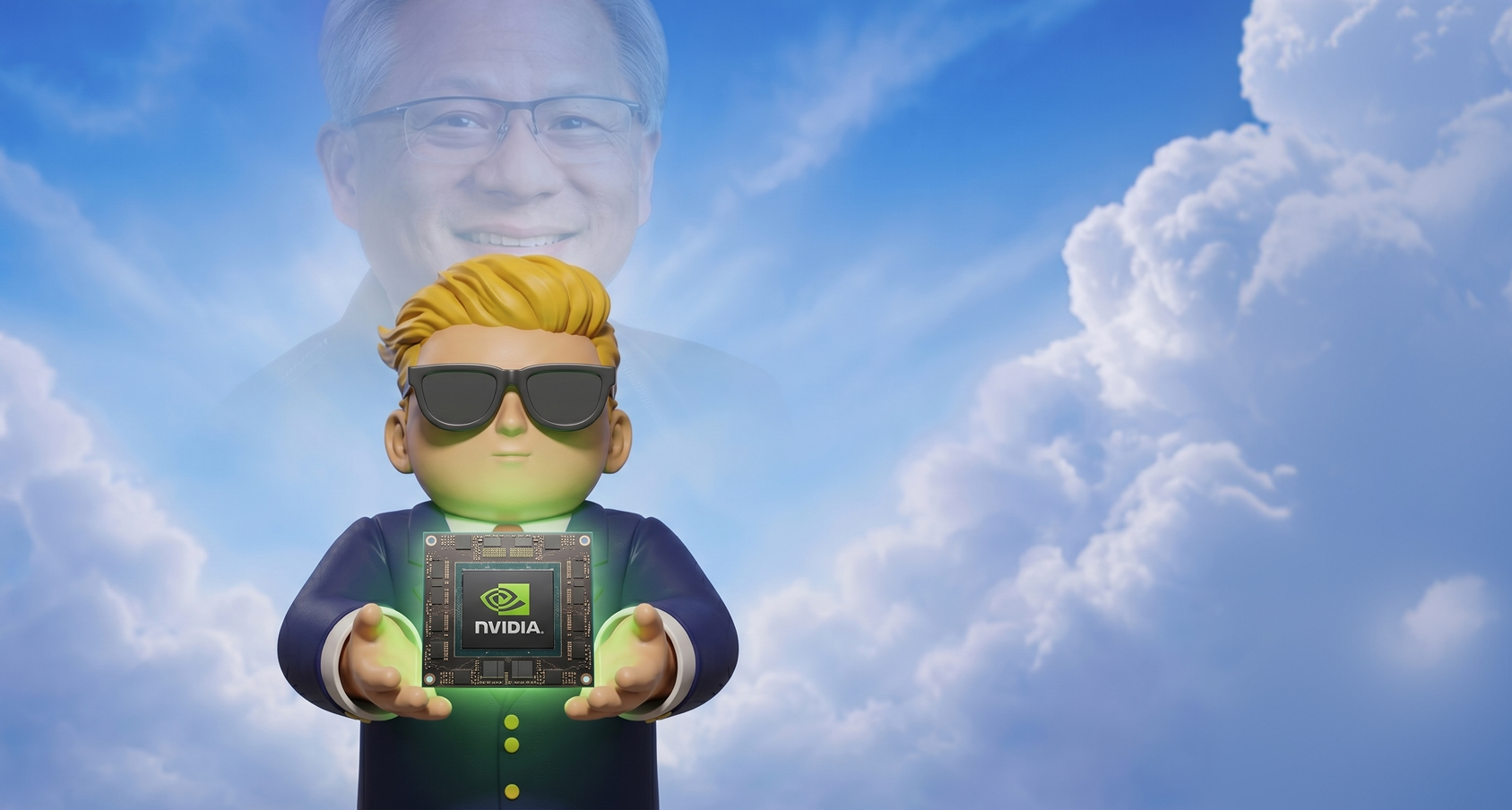 Nvidia Guy character holding GPU chip with Jensen Huang in clouds